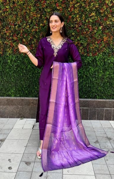 Purple color designer partywear roman silk  Handwork suit  3 Piece Kurti Set