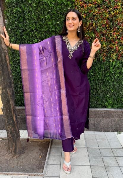 Purple color designer partywear roman silk  Handwork suit  3 Piece Kurti Set