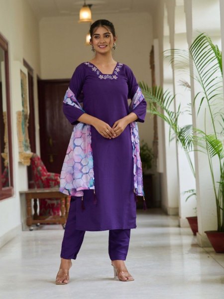 Purple Color Embroidery Work Kurti Pant With Dupatta  3 Piece Kurti Set