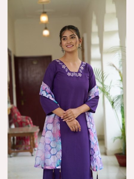 Purple Color Embroidery Work Kurti Pant With Dupatta  3 Piece Kurti Set