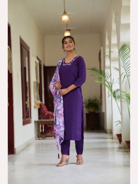 Purple Color Embroidery Work Kurti Pant With Dupatta  3 Piece Kurti Set