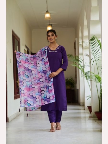 Purple Color Embroidery Work Kurti Pant With Dupatta  3 Piece Kurti Set