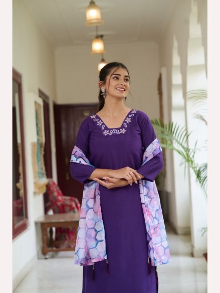 Purple Color Embroidery Work Kurti Pant With Dupatta  3 Piece Kurti Set