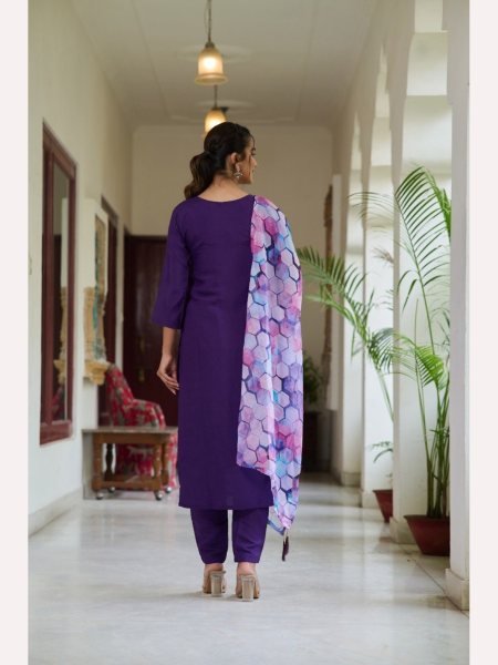 Purple Color Embroidery Work Kurti Pant With Dupatta  3 Piece Kurti Set