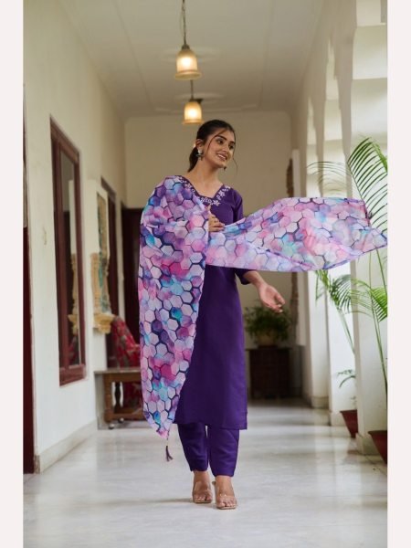 Purple Color Embroidery Work Kurti Pant With Dupatta  3 Piece Kurti Set