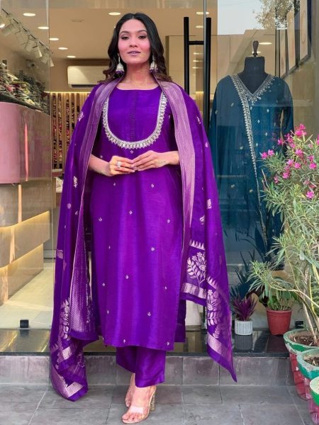 Purple Color Festival Wear Viscose Chanderi 3 pc Kurti Set  Kurtis