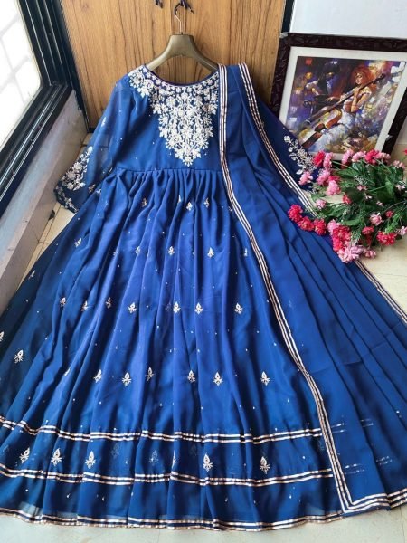 Purple Color Heavy Georgette Gown   Dupatta With Embroidery Work   Kurti With Dupatta Wholesale