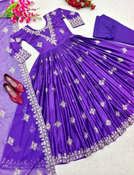 Purple Color  Heavy Pure Satin Silk Gown Pant With Dupatta Ready To Wear Collection