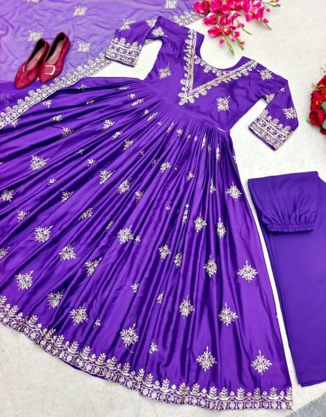 Purple Color  Heavy Pure Satin Silk Gown Pant With Dupatta Ready To Wear Collection