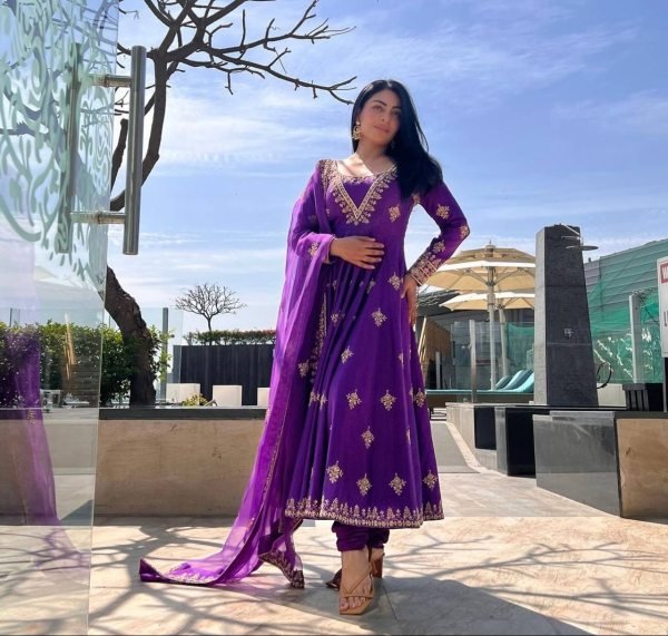 Purple Color  Heavy Pure Satin Silk Gown Pant With Dupatta Ready To Wear Collection