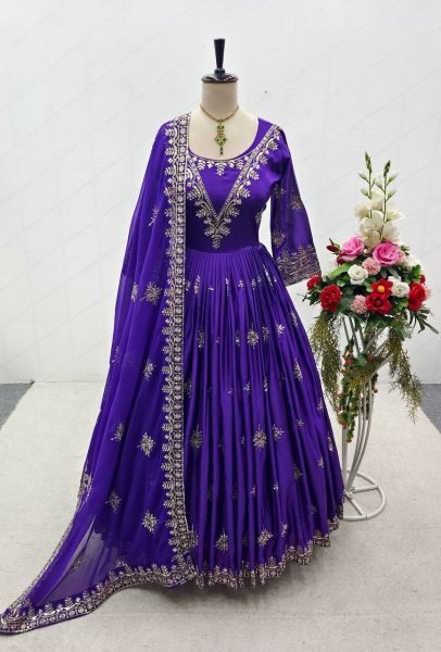 Purple Color  Heavy Pure Satin Silk Gown Pant With Dupatta Ready To Wear Collection