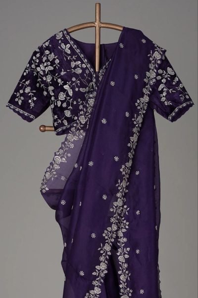 Purple Color Organza Embroidery Work Saree  Organza Sarees Wholesale