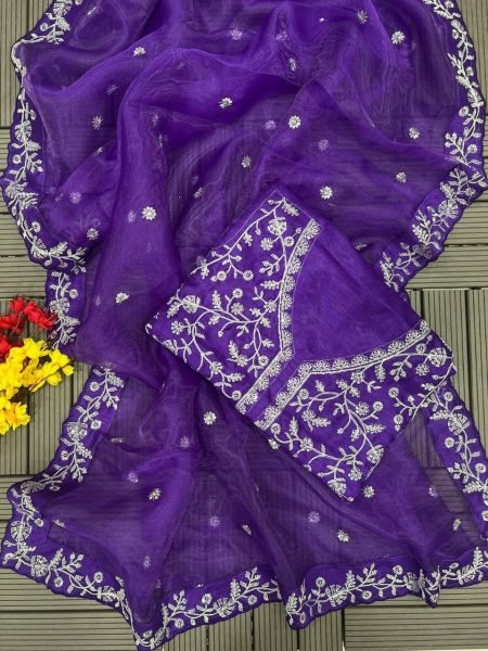 Purple Color Organza Embroidery Work Saree  Organza Sarees Wholesale