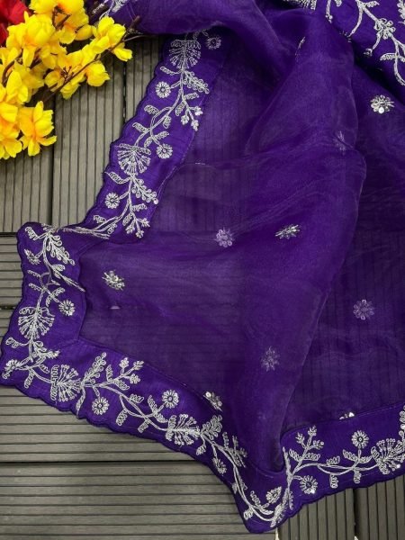 Purple Color Organza Embroidery Work Saree  Organza Sarees Wholesale