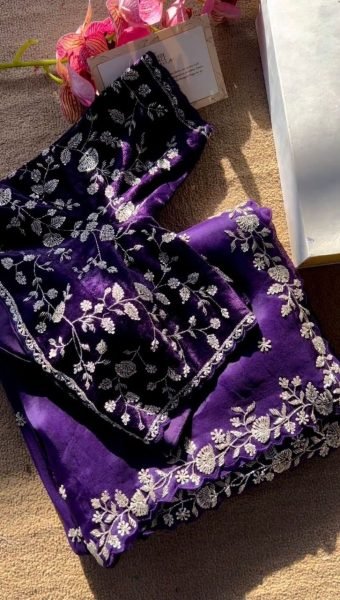 Purple Color Organza Embroidery Work Saree  Organza Sarees Wholesale