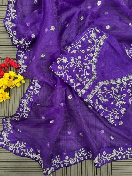Purple Color Organza Embroidery Work Saree  Organza Sarees Wholesale