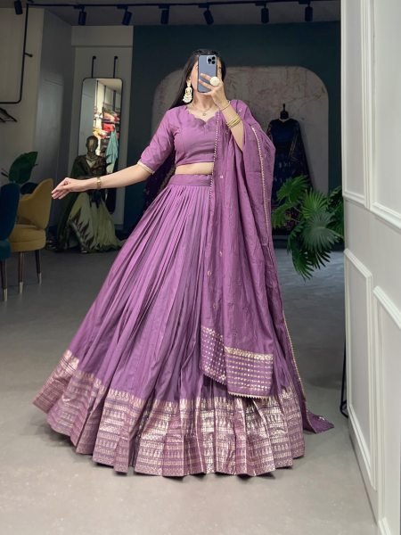 Purple Color Plain With Zari Weaving Work Border Chanderi Traditional Wear Lehenga Choli Designer Lehenga Choli