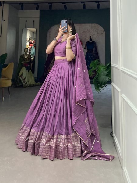 Purple Color Plain With Zari Weaving Work Border Chanderi Traditional Wear Lehenga Choli Designer Lehenga Choli
