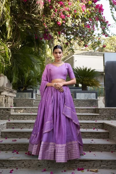 Purple Color Plain With Zari Weaving Work Border Chanderi Traditional Wear Lehenga Choli Designer Lehenga Choli