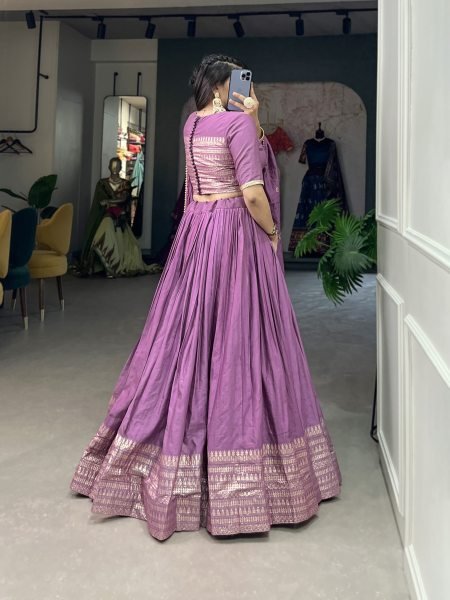 Purple Color Plain With Zari Weaving Work Border Chanderi Traditional Wear Lehenga Choli Designer Lehenga Choli