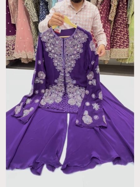 Purple Color Stylish Chinon Silk Top Plazzo  Ready To Wear Collection