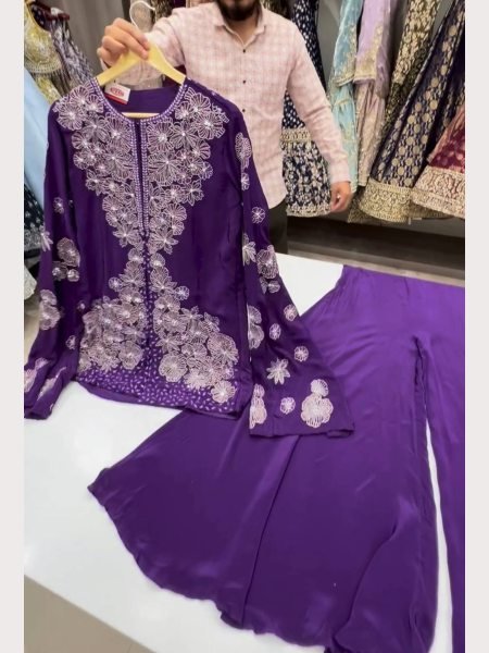 Purple Color Stylish Chinon Silk Top Plazzo  Ready To Wear Collection