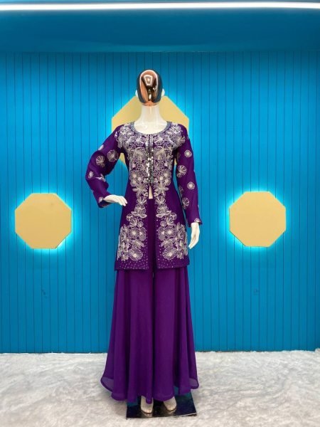 Purple Color Stylish Chinon Silk Top Plazzo  Ready To Wear Collection