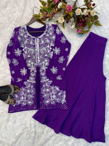 Purple Color Stylish Chinon Silk Top Plazzo  Ready To Wear Collection