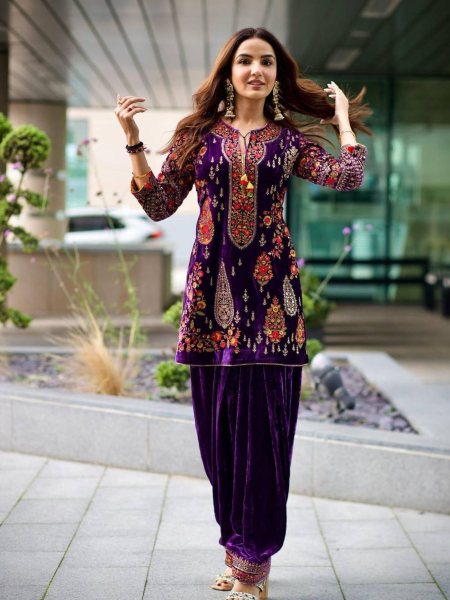 Purple Color Velvet Embroidery Work Kurti Plazzo Set Salwar Kameez