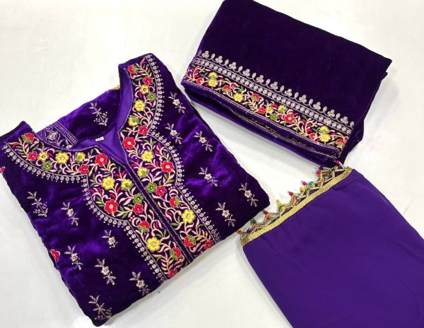 Purple Color Velvet Embroidery Work Kurti Plazzo Set Churidar Salwar Suits Wholesale