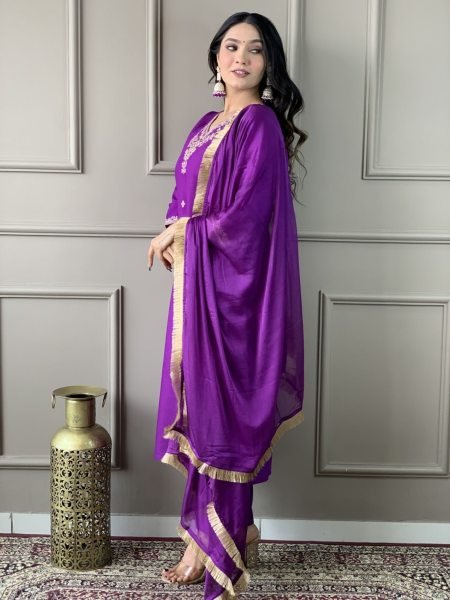 Purple Color Viscose Chanderi Kurti Pant With Dupatta  3 Piece Kurti Set