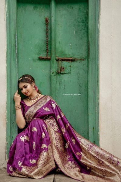 Purple Cotton Silk Banarasi Saree With Blouse Banarasi Saree Wholesale