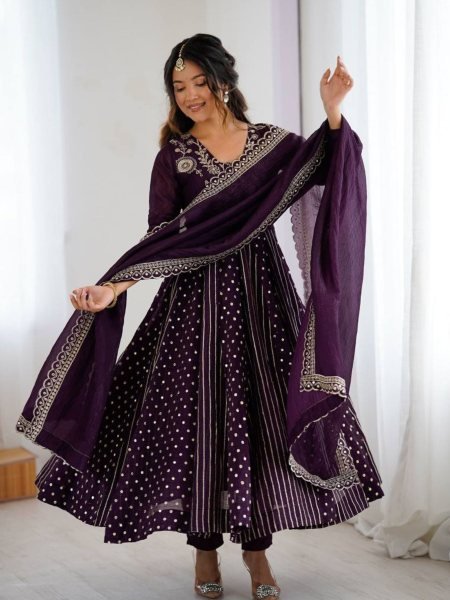 Purple Crunchy Silk Embroidery Anarkali Suit with Pant and Dupatta Designer Festive Collection 