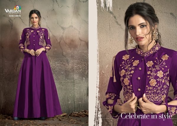Purple Designer Embroidered Taffeta Silk Party Wear Gown Anarakali Gown Wholesale