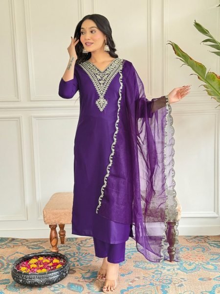 Purple Designer  Viscos Rayon Kurti Set  with Embroidery Neck Work 3 Piece Kurti Set