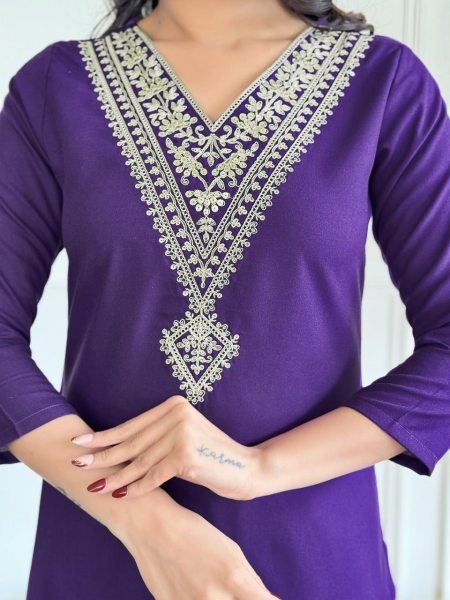 Purple Designer  Viscos Rayon Kurti Set  with Embroidery Neck Work 3 Piece Kurti Set