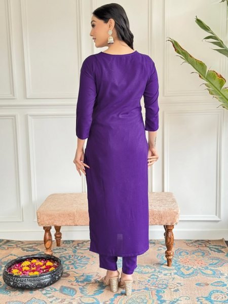 Purple Designer  Viscos Rayon Kurti Set  with Embroidery Neck Work 3 Piece Kurti Set