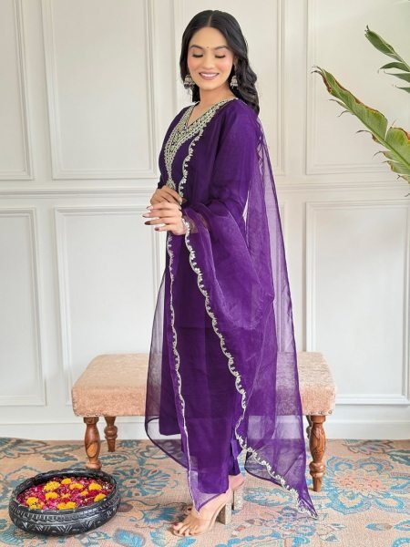 Purple Designer  Viscos Rayon Kurti Set  with Embroidery Neck Work 3 Piece Kurti Set