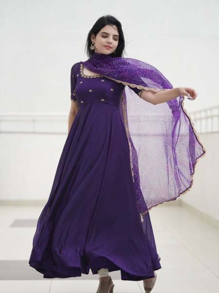 Purple Faux Georgette Gown With Embroidery Work  Ready To Wear Suit