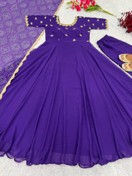 Purple Faux Georgette Gown With Embroidery Work  Ready To Wear Collection