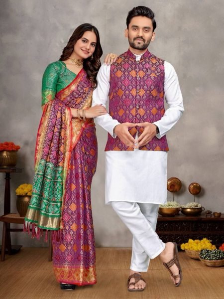Purple Festive Couple Dress Set Womens Jacquard Silk Saree with Mens Kurta Pajama & Jacket Wholesale