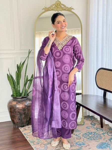 Purple Flame Dual Tone Embroidered Rayon Suit Set with Soft Taby Dupatta 3PC Stitched 3 Piece Kurti Set