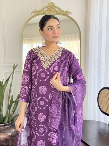 Purple Flame Dual Tone Embroidered Rayon Suit Set with Soft Taby Dupatta 3PC Stitched 3 Piece Kurti Set