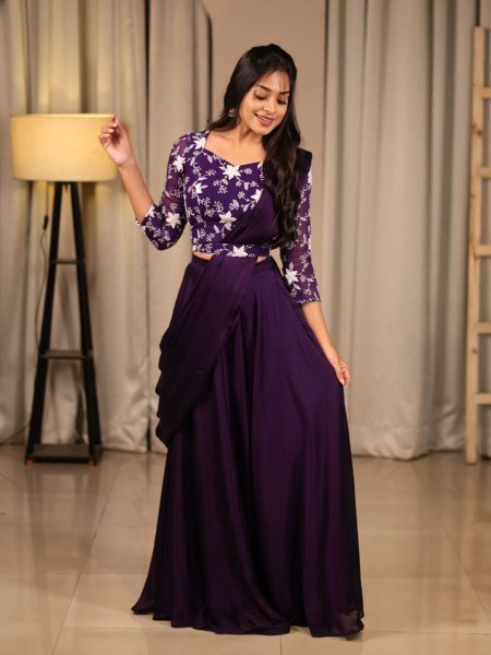 Purple Floral Embroidered Peplum Lehenga Set Ready to Wear Festive Elegance 