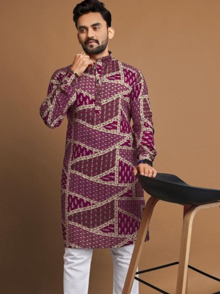 Purple Foil Print Long Kurta Pajama Exclusive Mens Collection Mens Wear