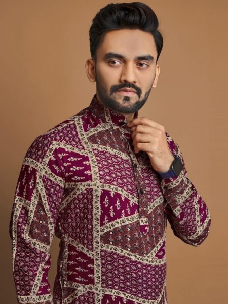 Purple Foil Print Long Kurta Pajama Exclusive Mens Collection Kurta Pajama Wholesale