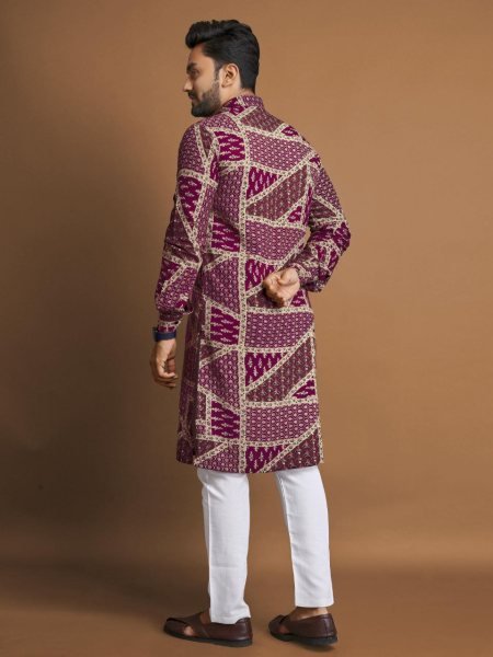 Purple Foil Print Long Kurta Pajama Exclusive Mens Collection Kurta Pajama Wholesale