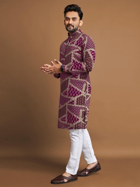 Purple Foil Print Long Kurta Pajama Exclusive Mens Collection Kurta Pajama Wholesale