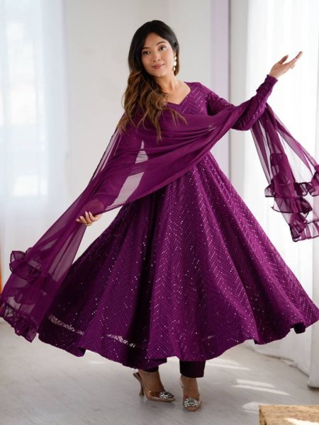 Purple Fox Georgette Embroidered Anarkali Dress with Dupatta Bulk Order for Resellers 