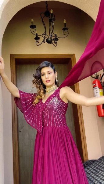 Purple Fox Georgette Real Handwork Gown  Ready To Wear Collection